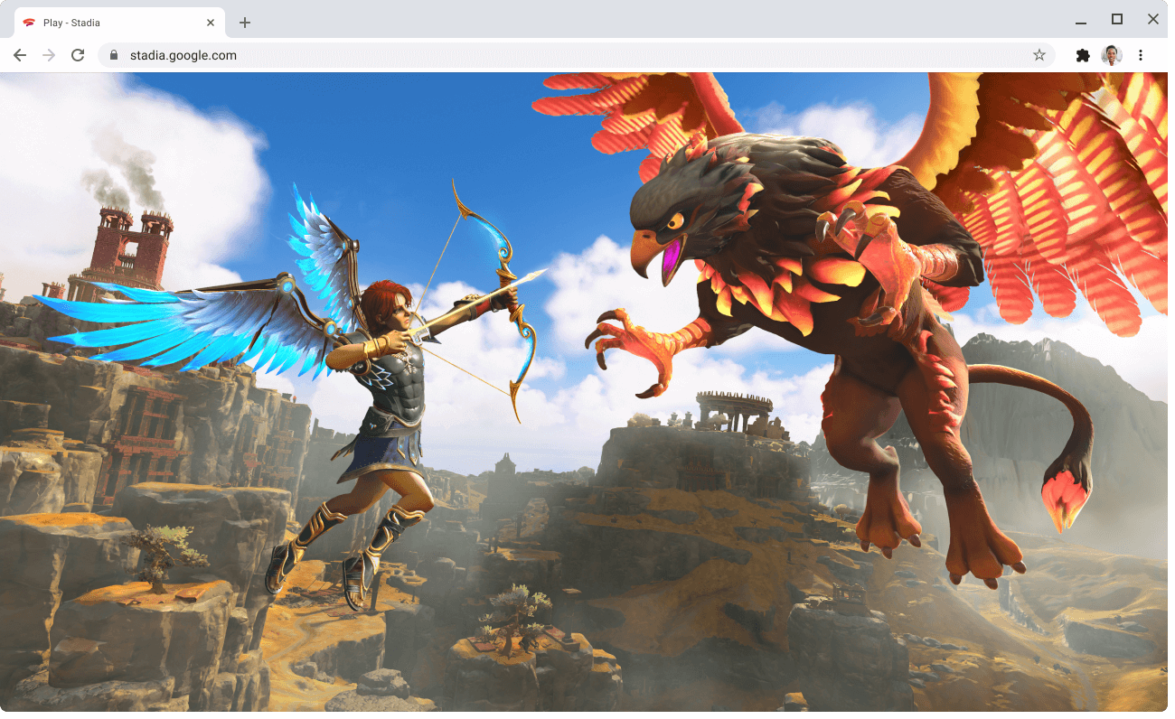 Stadia.google.com-Webseite mit einem laufenden Spiel.