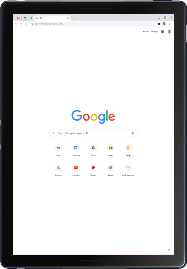 Pixel Slate-Tablet im Hochformat mit Google-Startseite.
