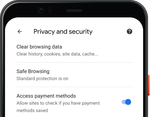 Einstellungen für Datenschutz und Sicherheit in Chrome auf einem Mobilgerät