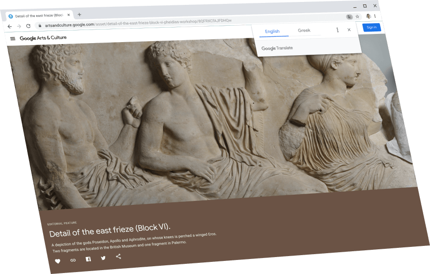 Google Arts & Culture-Seite mit kleinem Google Übersetzer-Fenster und Übersetzung ins Englische.
