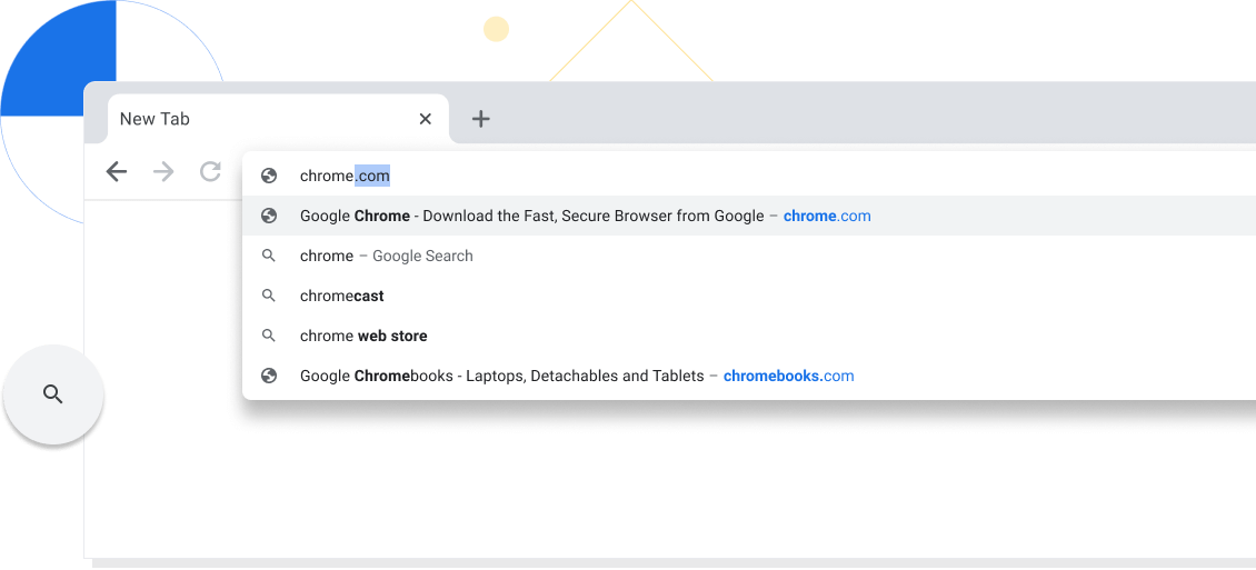 Herangezoomtes Bild eines neuen Tabs in einem Chrome-Browserfenster mit chrome.com in der Adressleiste.