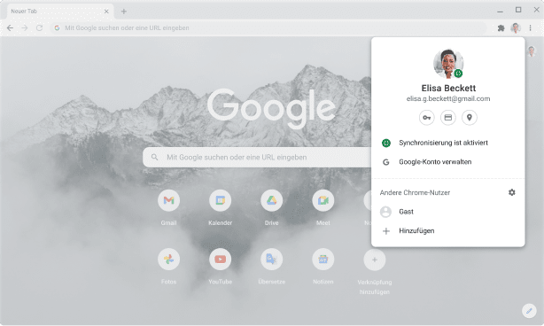 Chrome-Browserfenster mit Konto- und Synchronisierungseinstellungen für Google-Konten und mit aktivierter Synchronisierung.