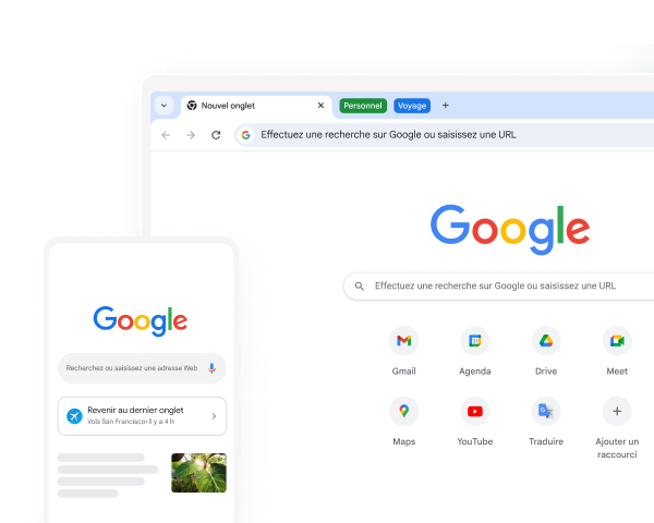 Page d'accueil de Google dans Chrome, sur un appareil mobile et sur un ordinateur.
